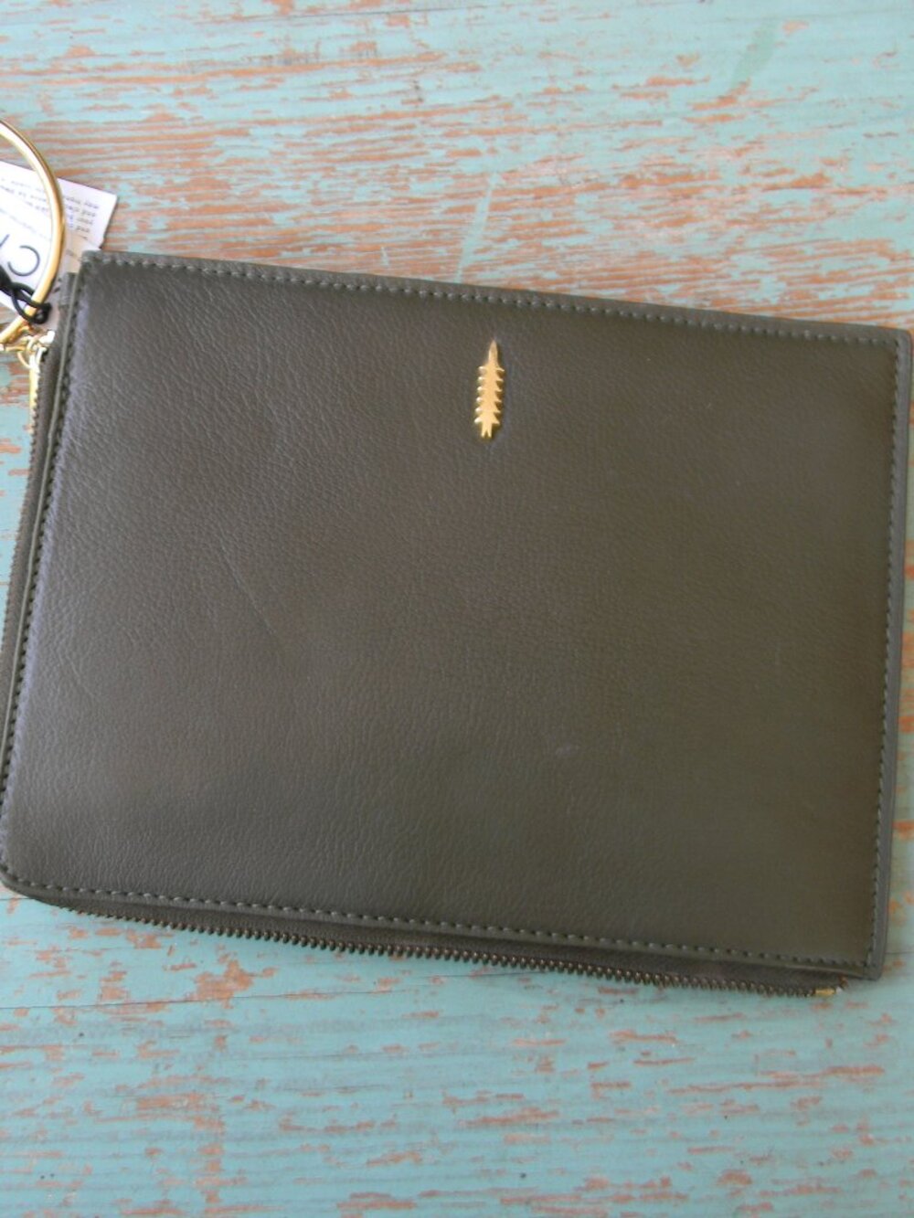 NWT Thacker OLIVE GREEN Leather Ring Handle Clutch Wristlet